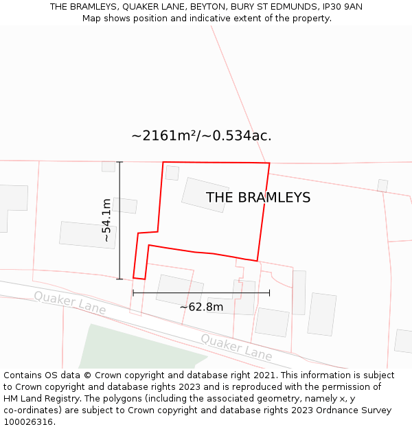 THE BRAMLEYS, QUAKER LANE, BEYTON, BURY ST EDMUNDS, IP30 9AN: Plot and title map