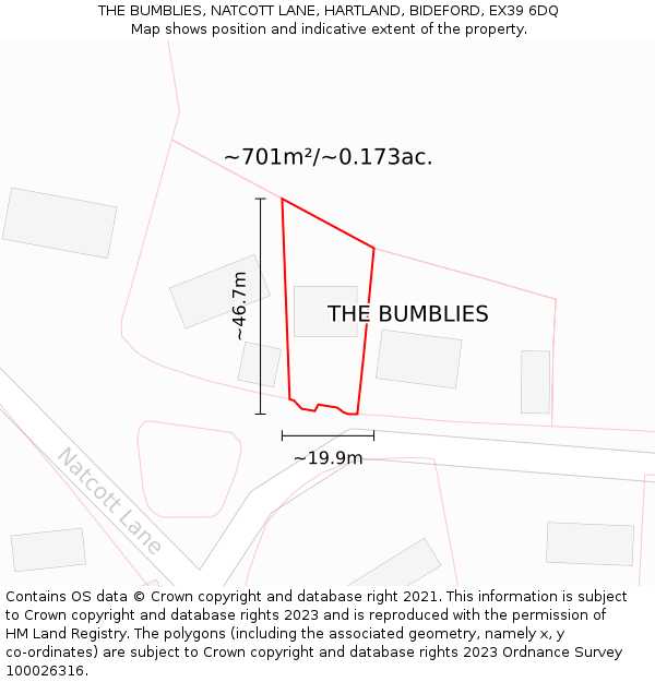 THE BUMBLIES, NATCOTT LANE, HARTLAND, BIDEFORD, EX39 6DQ: Plot and title map