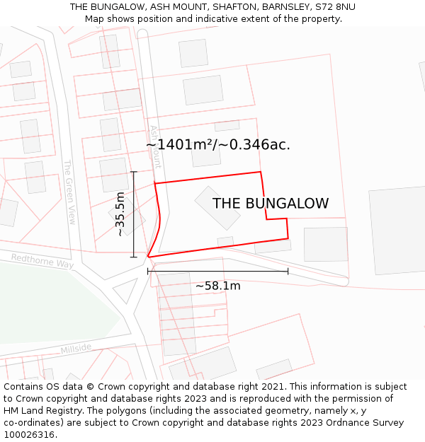 THE BUNGALOW, ASH MOUNT, SHAFTON, BARNSLEY, S72 8NU: Plot and title map