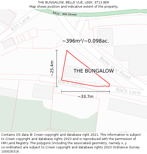 THE BUNGALOW, BELLE VUE, LEEK, ST13 8ER: Plot and title map