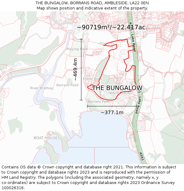 THE BUNGALOW, BORRANS ROAD, AMBLESIDE, LA22 0EN: Plot and title map