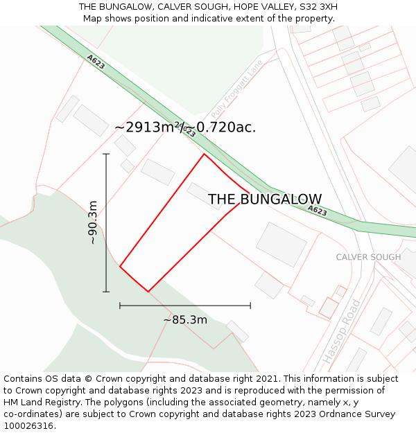 THE BUNGALOW, CALVER SOUGH, HOPE VALLEY, S32 3XH: Plot and title map