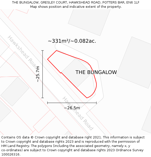 THE BUNGALOW, GRESLEY COURT, HAWKSHEAD ROAD, POTTERS BAR, EN6 1LF: Plot and title map