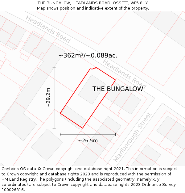 THE BUNGALOW, HEADLANDS ROAD, OSSETT, WF5 8HY: Plot and title map