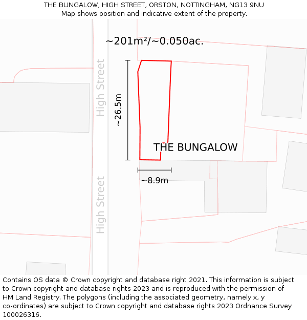 THE BUNGALOW, HIGH STREET, ORSTON, NOTTINGHAM, NG13 9NU: Plot and title map