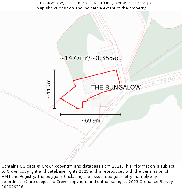 THE BUNGALOW, HIGHER BOLD VENTURE, DARWEN, BB3 2QD: Plot and title map