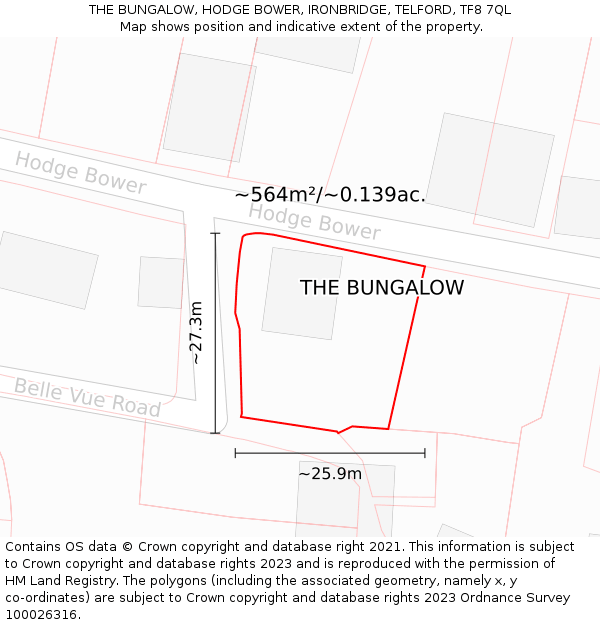 THE BUNGALOW, HODGE BOWER, IRONBRIDGE, TELFORD, TF8 7QL: Plot and title map