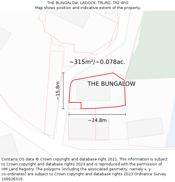 THE BUNGALOW, LADOCK, TRURO, TR2 4PG: Plot and title map