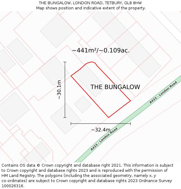 THE BUNGALOW, LONDON ROAD, TETBURY, GL8 8HW: Plot and title map