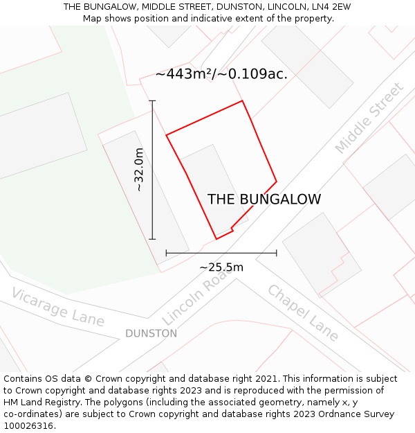 THE BUNGALOW, MIDDLE STREET, DUNSTON, LINCOLN, LN4 2EW: Plot and title map