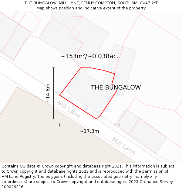 THE BUNGALOW, MILL LANE, FENNY COMPTON, SOUTHAM, CV47 2YF: Plot and title map