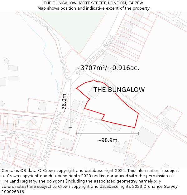 THE BUNGALOW, MOTT STREET, LONDON, E4 7RW: Plot and title map