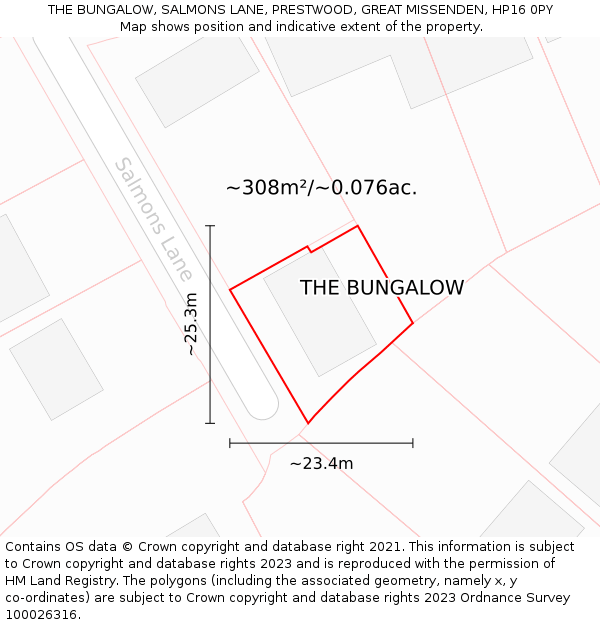 THE BUNGALOW, SALMONS LANE, PRESTWOOD, GREAT MISSENDEN, HP16 0PY: Plot and title map