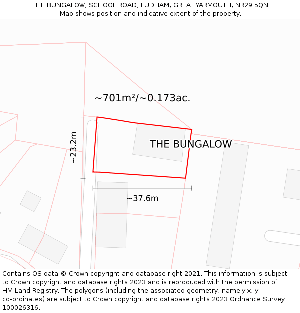 THE BUNGALOW, SCHOOL ROAD, LUDHAM, GREAT YARMOUTH, NR29 5QN: Plot and title map