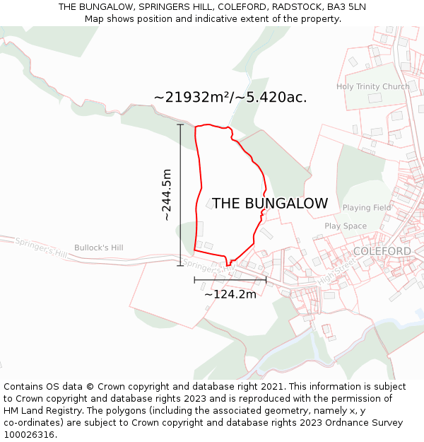 THE BUNGALOW, SPRINGERS HILL, COLEFORD, RADSTOCK, BA3 5LN: Plot and title map
