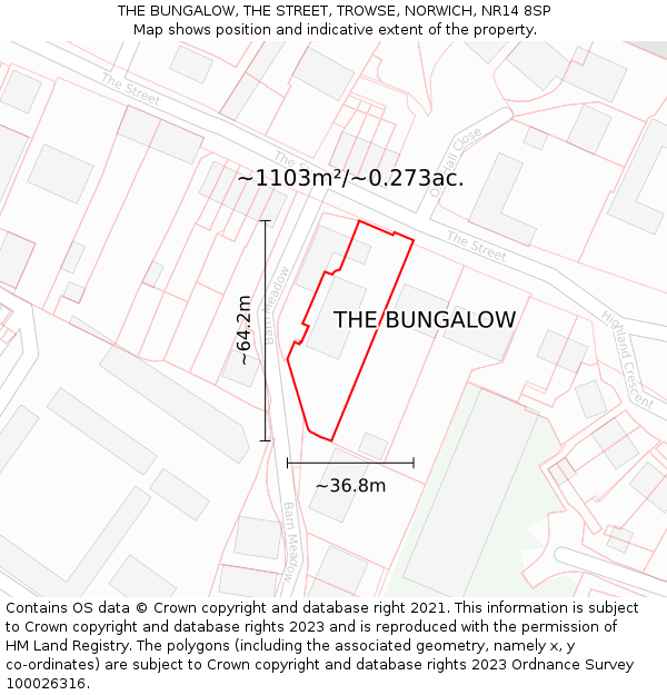 THE BUNGALOW, THE STREET, TROWSE, NORWICH, NR14 8SP: Plot and title map