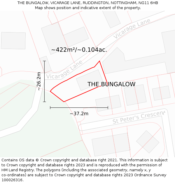 THE BUNGALOW, VICARAGE LANE, RUDDINGTON, NOTTINGHAM, NG11 6HB: Plot and title map