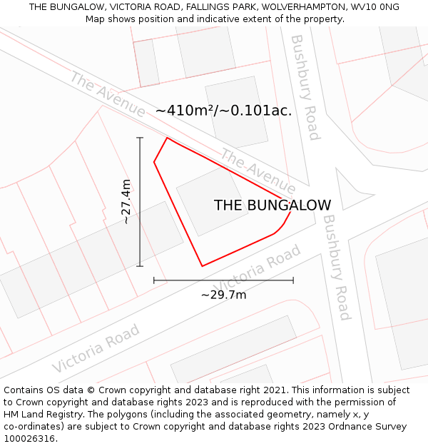 THE BUNGALOW, VICTORIA ROAD, FALLINGS PARK, WOLVERHAMPTON, WV10 0NG: Plot and title map