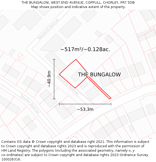 THE BUNGALOW, WEST END AVENUE, COPPULL, CHORLEY, PR7 5DB: Plot and title map