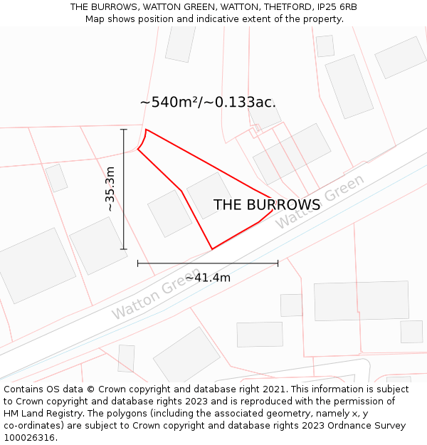 THE BURROWS, WATTON GREEN, WATTON, THETFORD, IP25 6RB: Plot and title map