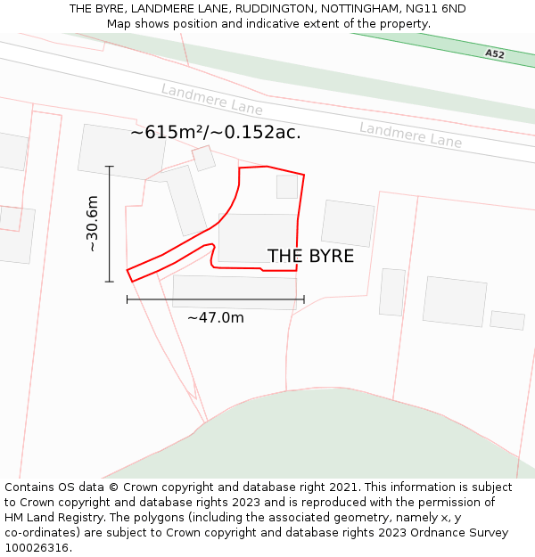 THE BYRE, LANDMERE LANE, RUDDINGTON, NOTTINGHAM, NG11 6ND: Plot and title map