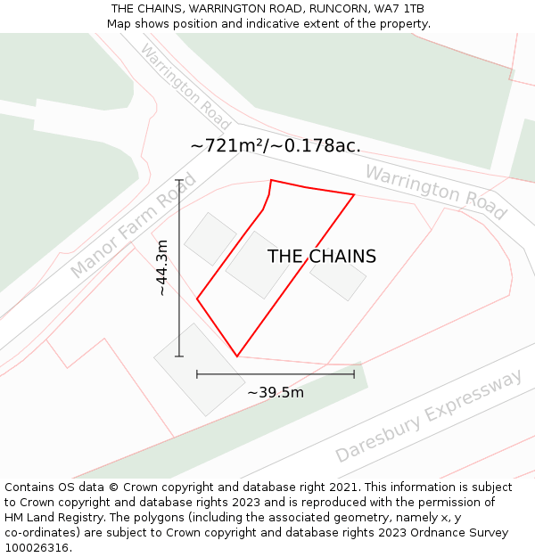 THE CHAINS, WARRINGTON ROAD, RUNCORN, WA7 1TB: Plot and title map