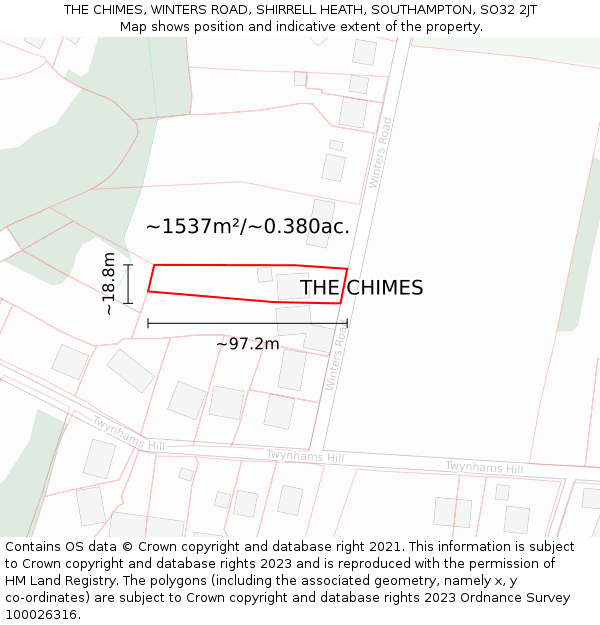THE CHIMES, WINTERS ROAD, SHIRRELL HEATH, SOUTHAMPTON, SO32 2JT: Plot and title map