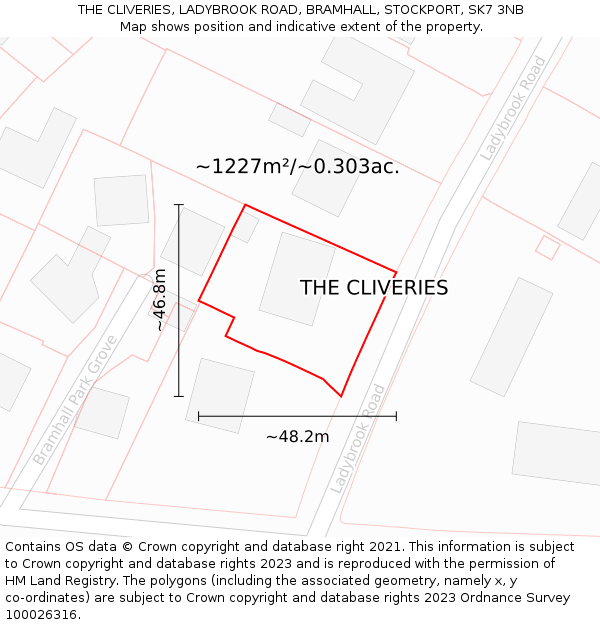 THE CLIVERIES, LADYBROOK ROAD, BRAMHALL, STOCKPORT, SK7 3NB: Plot and title map