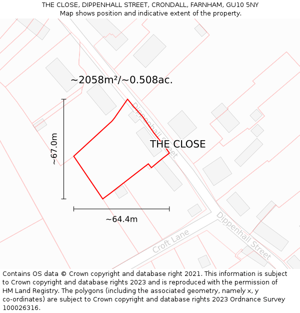 THE CLOSE, DIPPENHALL STREET, CRONDALL, FARNHAM, GU10 5NY: Plot and title map