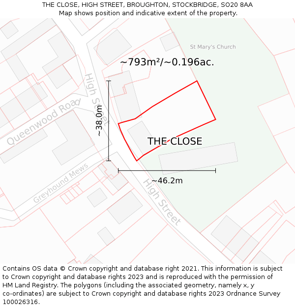 THE CLOSE, HIGH STREET, BROUGHTON, STOCKBRIDGE, SO20 8AA: Plot and title map