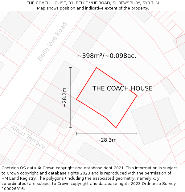 THE COACH HOUSE, 31, BELLE VUE ROAD, SHREWSBURY, SY3 7LN: Plot and title map