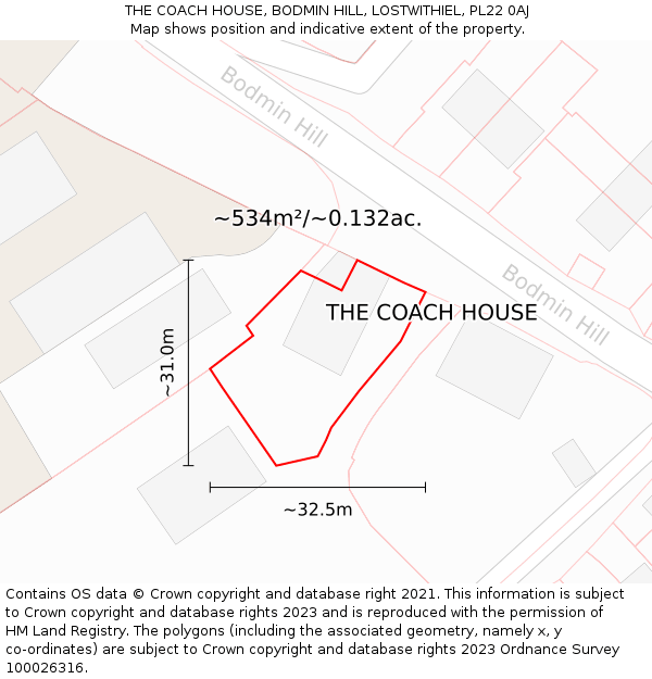 THE COACH HOUSE, BODMIN HILL, LOSTWITHIEL, PL22 0AJ: Plot and title map