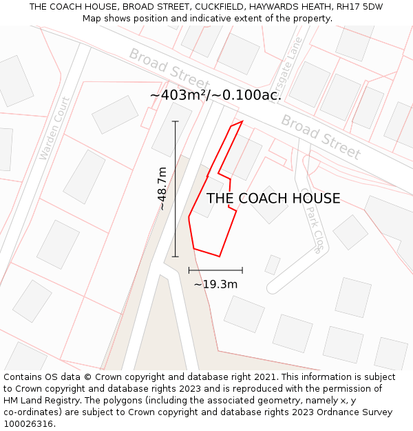 THE COACH HOUSE, BROAD STREET, CUCKFIELD, HAYWARDS HEATH, RH17 5DW: Plot and title map