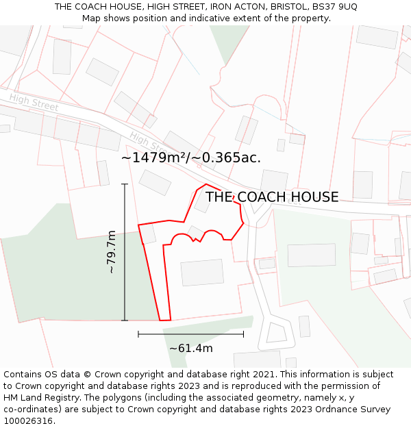 THE COACH HOUSE, HIGH STREET, IRON ACTON, BRISTOL, BS37 9UQ: Plot and title map