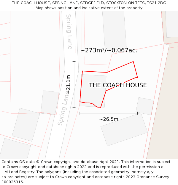 THE COACH HOUSE, SPRING LANE, SEDGEFIELD, STOCKTON-ON-TEES, TS21 2DG: Plot and title map