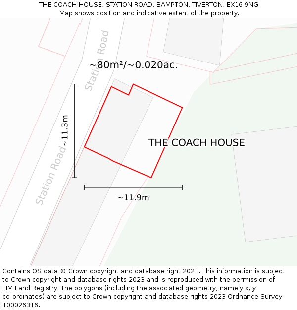 THE COACH HOUSE, STATION ROAD, BAMPTON, TIVERTON, EX16 9NG: Plot and title map