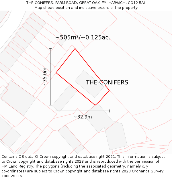 THE CONIFERS, FARM ROAD, GREAT OAKLEY, HARWICH, CO12 5AL: Plot and title map