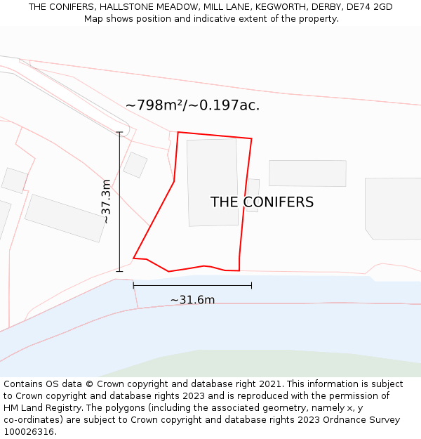 THE CONIFERS, HALLSTONE MEADOW, MILL LANE, KEGWORTH, DERBY, DE74 2GD: Plot and title map