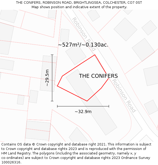 THE CONIFERS, ROBINSON ROAD, BRIGHTLINGSEA, COLCHESTER, CO7 0ST: Plot and title map