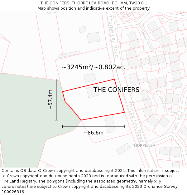 THE CONIFERS, THORPE LEA ROAD, EGHAM, TW20 8JL: Plot and title map