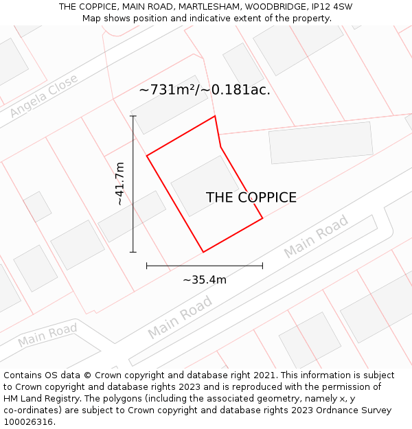 THE COPPICE, MAIN ROAD, MARTLESHAM, WOODBRIDGE, IP12 4SW: Plot and title map