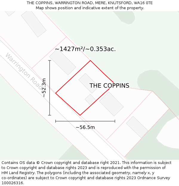 THE COPPINS, WARRINGTON ROAD, MERE, KNUTSFORD, WA16 0TE: Plot and title map