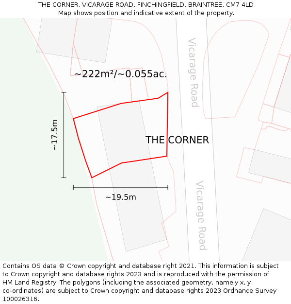 THE CORNER, VICARAGE ROAD, FINCHINGFIELD, BRAINTREE, CM7 4LD: Plot and title map