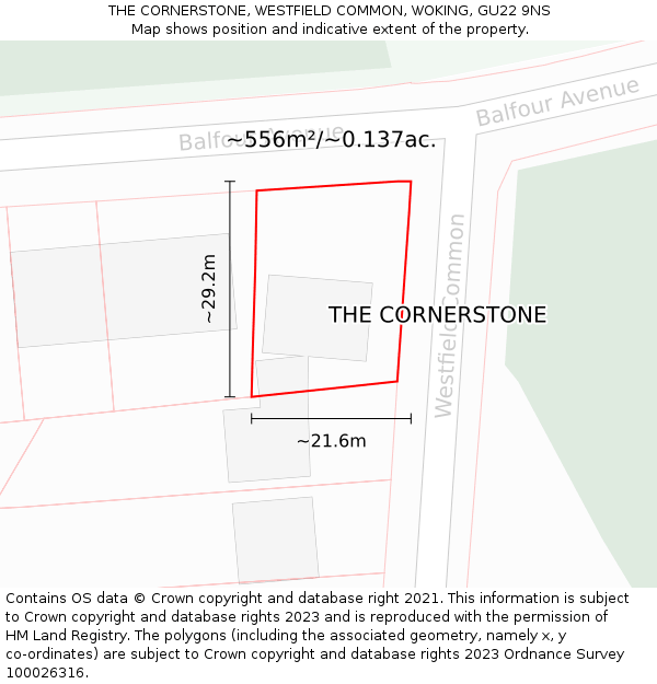 THE CORNERSTONE, WESTFIELD COMMON, WOKING, GU22 9NS: Plot and title map