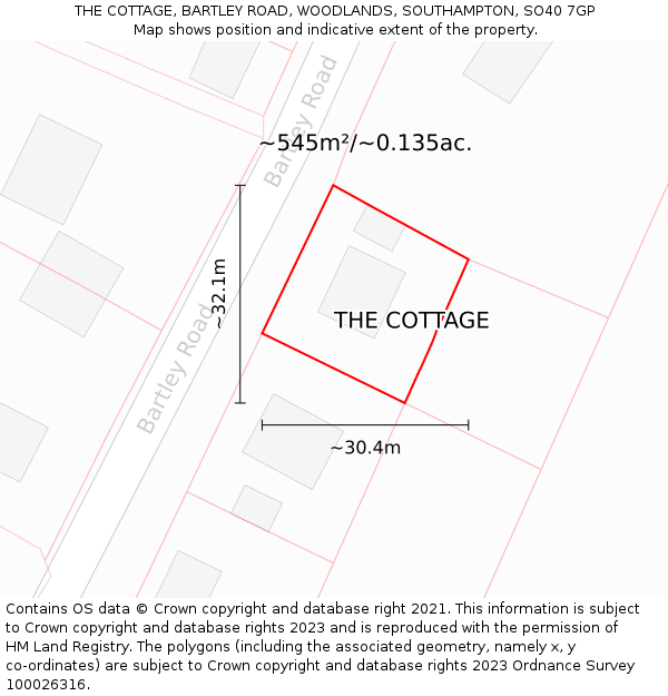 THE COTTAGE, BARTLEY ROAD, WOODLANDS, SOUTHAMPTON, SO40 7GP: Plot and title map