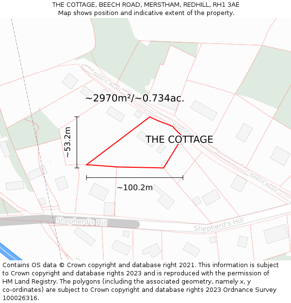 THE COTTAGE, BEECH ROAD, MERSTHAM, REDHILL, RH1 3AE: Plot and title map