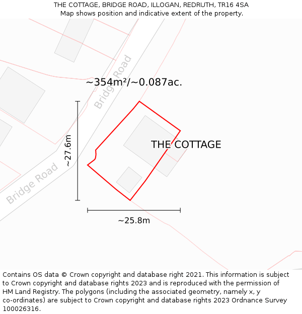 THE COTTAGE, BRIDGE ROAD, ILLOGAN, REDRUTH, TR16 4SA: Plot and title map