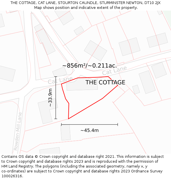 THE COTTAGE, CAT LANE, STOURTON CAUNDLE, STURMINSTER NEWTON, DT10 2JX: Plot and title map