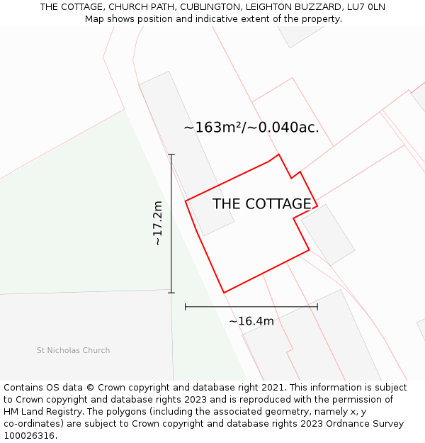 THE COTTAGE, CHURCH PATH, CUBLINGTON, LEIGHTON BUZZARD, LU7 0LN: Plot and title map