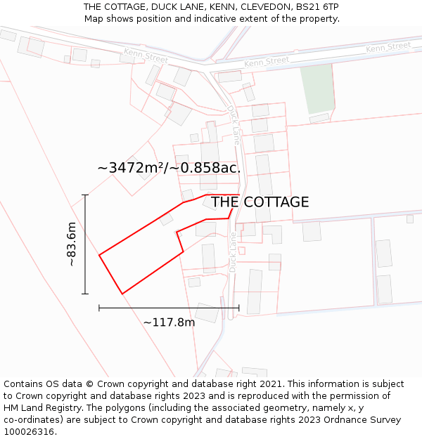 THE COTTAGE, DUCK LANE, KENN, CLEVEDON, BS21 6TP: Plot and title map